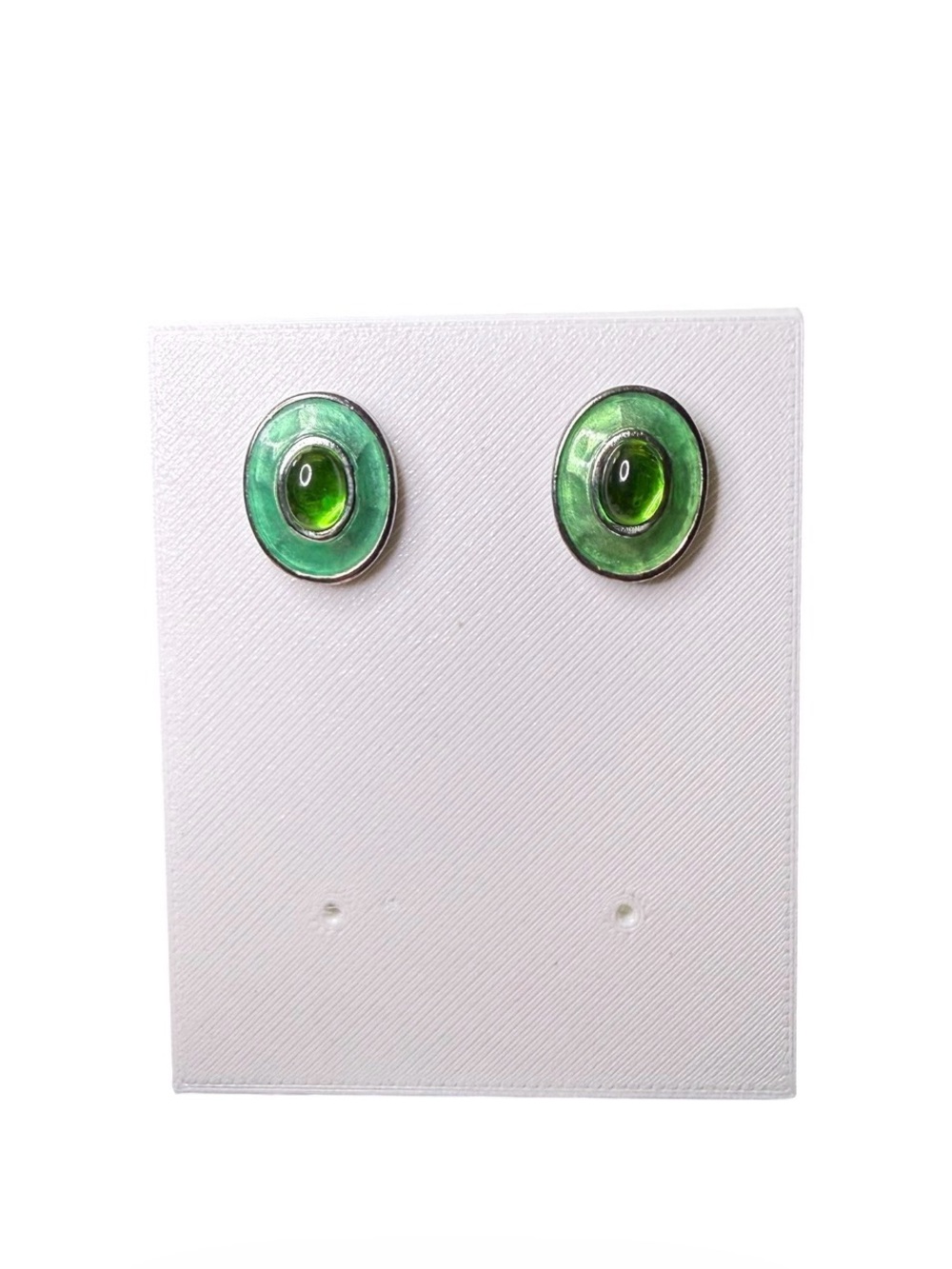 Vtg Givenchy 4G Logo Earrings Green Cabochon Enamel Silver Tone Oval Stud Signed
